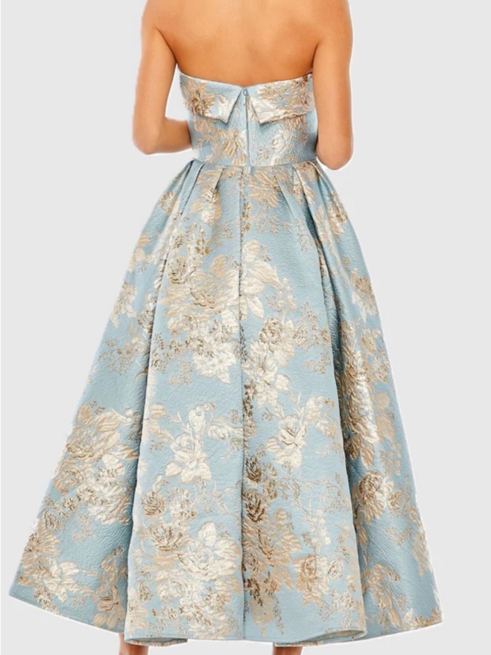 Strapless Blue Floral Brocade Midi Dress - Picture 2 of 5